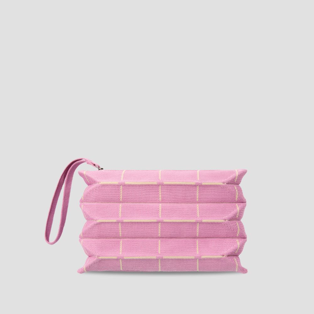 Lucky Pleats Knit Pouch S Grid Cotton Pink