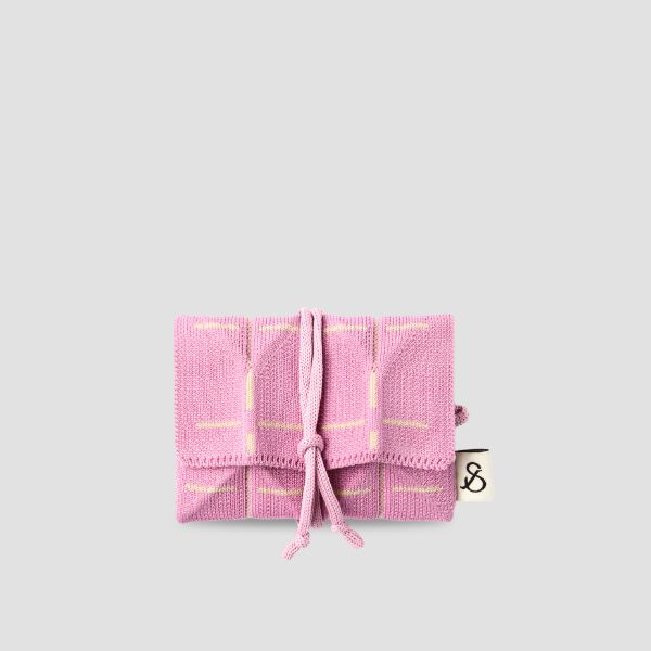 Lucky Pleats Knit Card Wallet Grid Cotton Pink